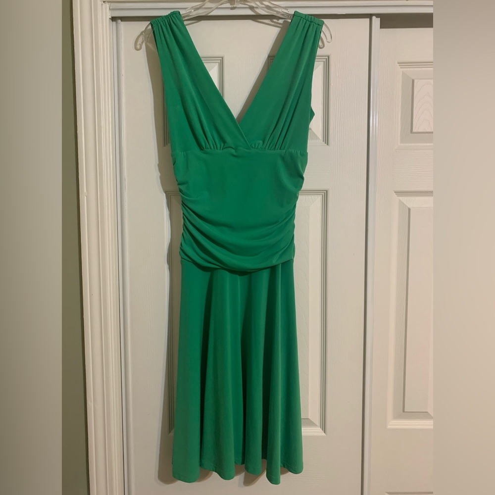 Ruby Dress. Fit n Flare. Green. Sleeveless Midi. V-neck front and back. Medium.